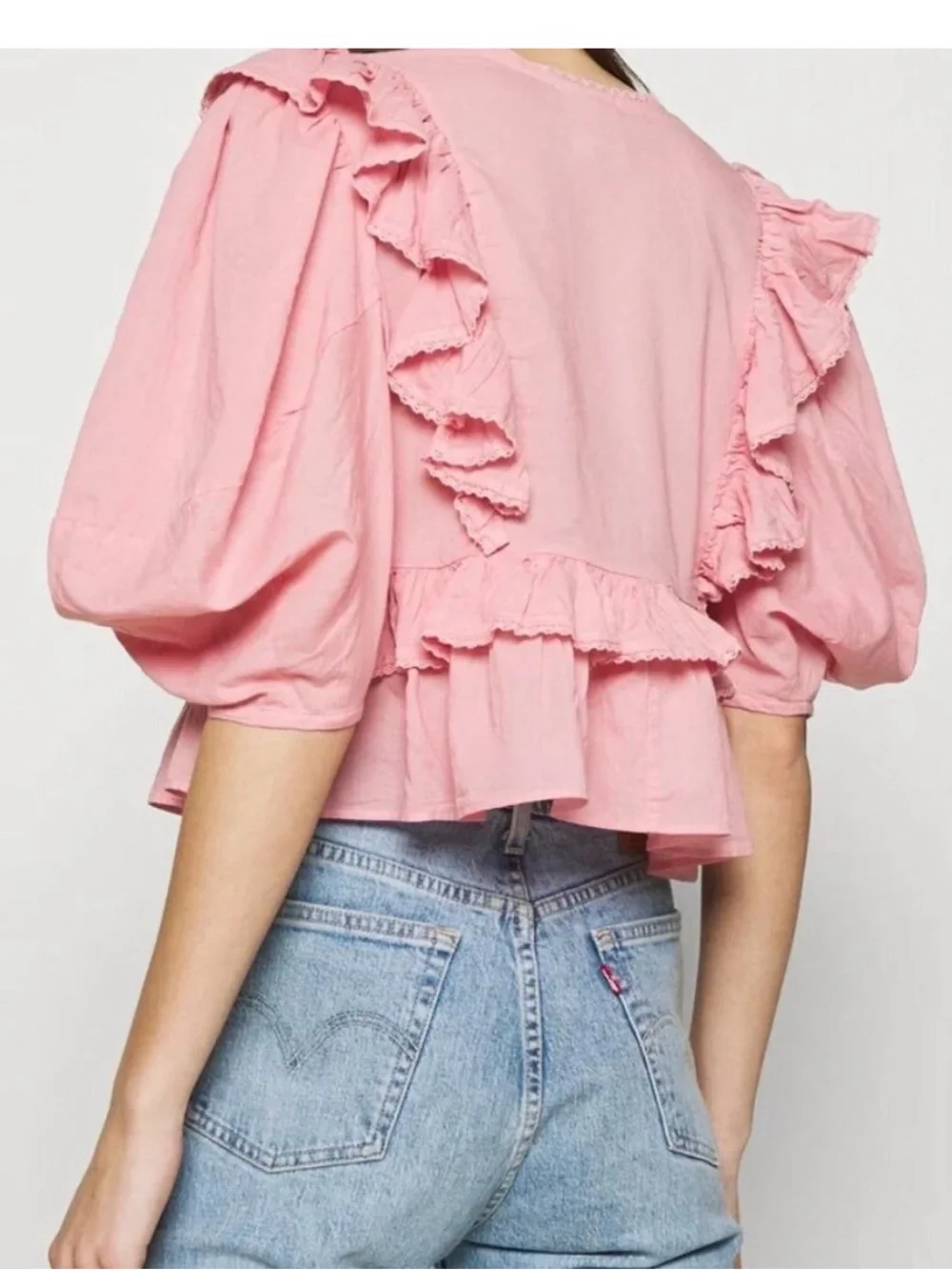 FARM Rio Puff-Sleeve  Blouse in Pink XL
